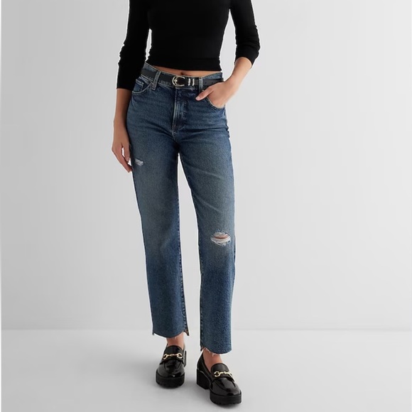 NWT Express High Waisted Medium Wash Ripped Raw Hem Straight Ankle Jeans - Picture 5 of 7